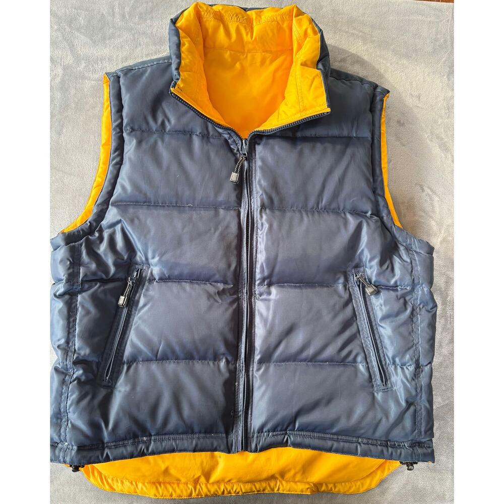 Vintage Down Puffer Vest Emergency Exit Mens XL Navy / Yellow Reversible Durable